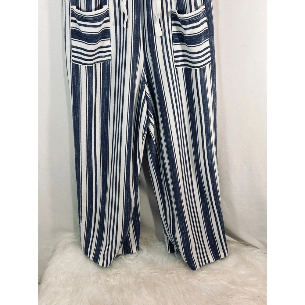 Copper Key Womens Navy White Striped Wide Leg Jumpsuit Size L Drawstring‎ Pocket